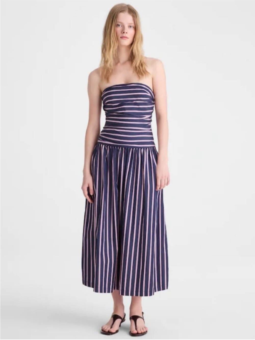 Madewell Strapless Ruched Midi Dress Poplin Striped 100% Cotton Indigo Size 4